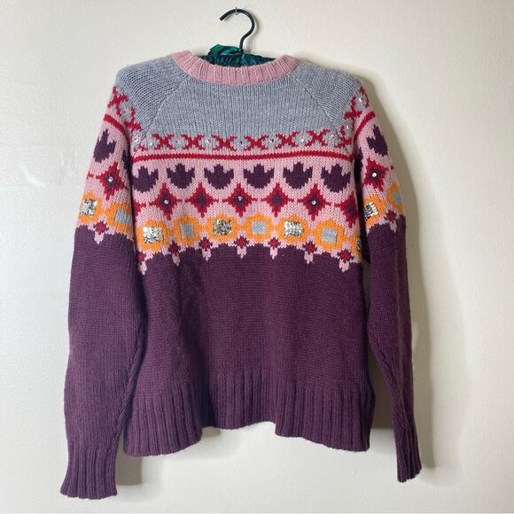 CINQ‎ a SEPT Gianni Fair Isle Sweater Burgundy Wool Sequins Geometric small NEW - Picture 10 of 10